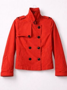 GAP Convertible Funnel Neck Dbl Breasted Short 100% Cotton Trench Coat Red- S